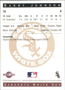 1993 Classic Best Sarasota White Sox #15 Barry Johnson Back