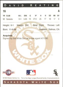 1993 Classic Best Sarasota White Sox #16 David Keating Back