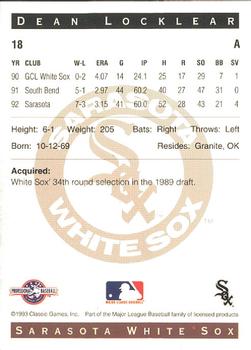 1993 Classic Best Sarasota White Sox #18 Dean Locklear Back