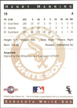 1993 Classic Best Sarasota White Sox #19 Henry Manning Back