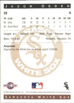 1993 Classic Best Sarasota White Sox #20 Jason Ogden Back