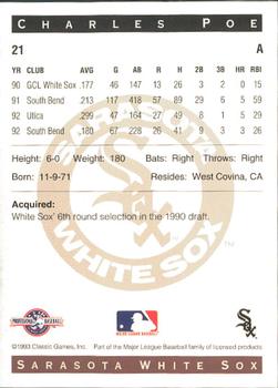 1993 Classic Best Sarasota White Sox #21 Charles Poe Back