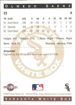 1993 Classic Best Sarasota White Sox #23 Olmedo Saenz Back