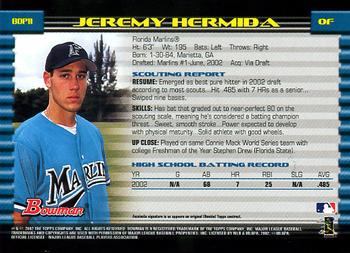 2002 Bowman Draft Picks & Prospects #BDP11 Jeremy Hermida Back