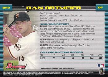 2002 Bowman Draft Picks & Prospects #BDP12 Dan Ortmeier Back