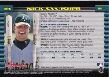 2002 Bowman Draft Picks & Prospects #BDP16 Nick Swisher Back