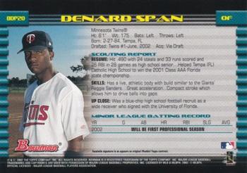 2002 Bowman Draft Picks & Prospects #BDP20 Denard Span Back