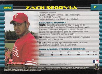 2002 Bowman Draft Picks & Prospects #BDP58 Zack Segovia Back