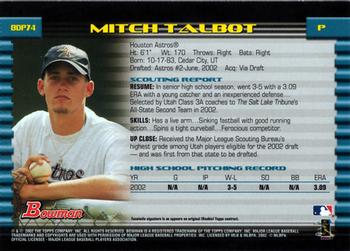 2002 Bowman Draft Picks & Prospects #BDP74 Mitch Talbot Back