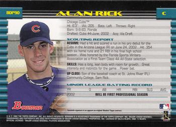 2002 Bowman Draft Picks & Prospects #BDP90 Alan Rick Back