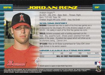 2002 Bowman Draft Picks & Prospects #BDP96 Jordan Renz Back