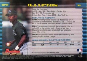 2002 Bowman Draft Picks & Prospects #BDP99 B.J. Upton Back