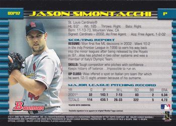 2002 Bowman Draft Picks & Prospects #BDP117 Jason Simontacchi Back