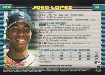 2002 Bowman Draft Picks & Prospects #BDP165 Jose Lopez Back