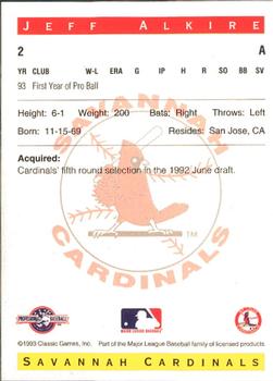 1993 Classic Best Savannah Cardinals #2 Jeff Alkire Back