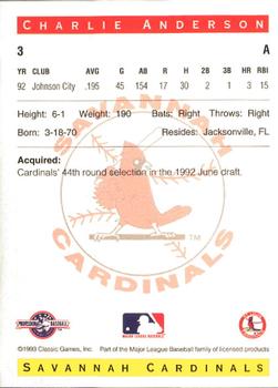 1993 Classic Best Savannah Cardinals #3 Charlie Anderson Back