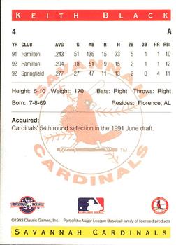 1993 Classic Best Savannah Cardinals #4 Keith Black Back