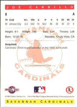 1993 Classic Best Savannah Cardinals #8 Joe Carrillo Back
