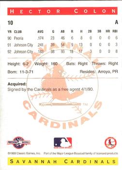 1993 Classic Best Savannah Cardinals #10 Hector Colon Back
