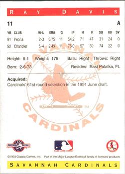 1993 Classic Best Savannah Cardinals #11 Ray Davis Back