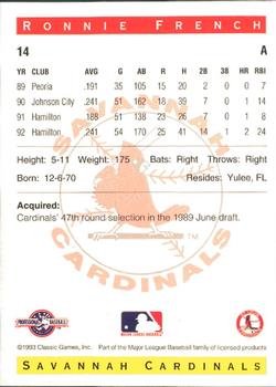 1993 Classic Best Savannah Cardinals #14 Ronnie French Back