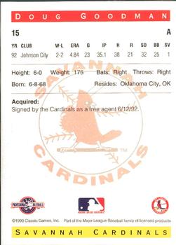 1993 Classic Best Savannah Cardinals #15 Doug Goodman Back