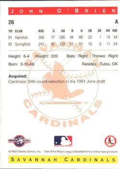 1993 Classic Best Savannah Cardinals #20 John O'Brien Back