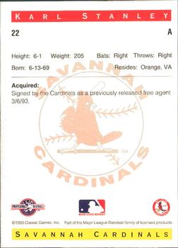 1993 Classic Best Savannah Cardinals #22 Karl Stanley Back