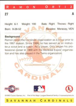 1993 Classic Best Savannah Cardinals #27 Ramon Ortiz Back