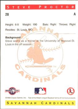 1993 Classic Best Savannah Cardinals #28 Steve Proctor Back