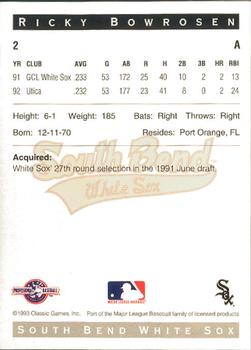 1993 Classic Best South Bend White Sox #2 Ricky Bowrosen Back