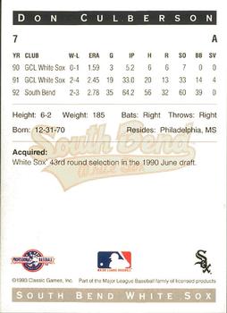 1993 Classic Best South Bend White Sox #7 Don Culberson Back