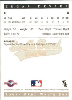 1993 Classic Best South Bend White Sox #8 Edgar Devers Back