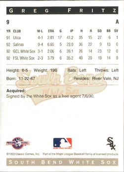 1993 Classic Best South Bend White Sox #9 Greg Fritz Back