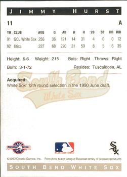 1993 Classic Best South Bend White Sox #11 Jimmy Hurst Back