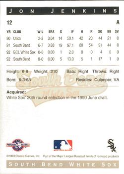 1993 Classic Best South Bend White Sox #12 Jon Jenkins Back