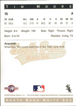 1993 Classic Best South Bend White Sox #16 Tim Moore Back