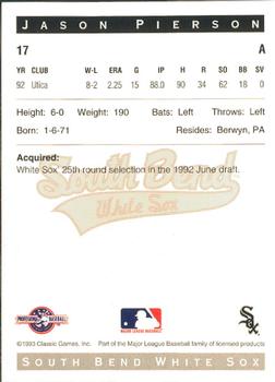 1993 Classic Best South Bend White Sox #17 Jason Pierson Back