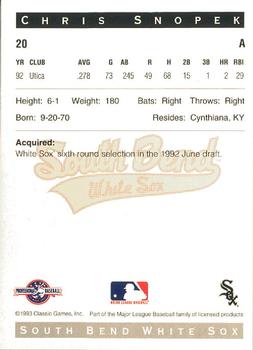 1993 Classic Best South Bend White Sox #20 Chris Snopek Back