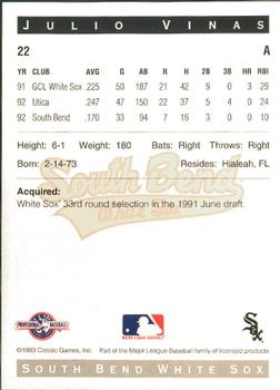 1993 Classic Best South Bend White Sox #22 Julio Vinas Back