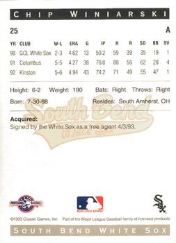 1993 Classic Best South Bend White Sox #25 Chip Winiarski Back