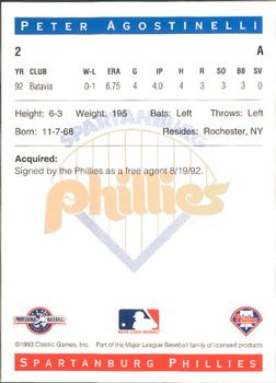 1993 Classic Best Spartanburg Phillies #2 Peter Agostinelli Back