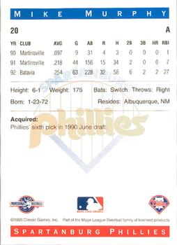 1993 Classic Best Spartanburg Phillies #20 Mike Murphy Back