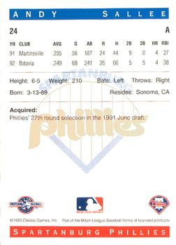1993 Classic Best Spartanburg Phillies #24 Andy Sallee Back