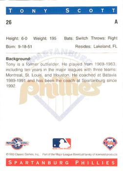 1993 Classic Best Spartanburg Phillies #26 Tony Scott Back