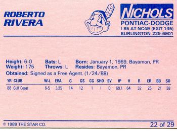 1989 Star Burlington Indians - Platinum #22 Roberto Rivera Back