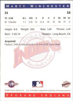1993 Classic Best Spokane Indians #24 Marty Winchester Back