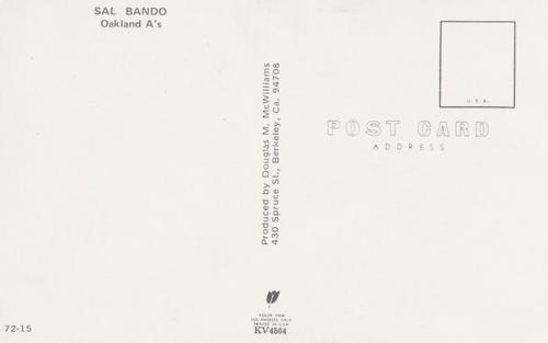 1972 Doug McWilliams Postcards #72-15 Sal Bando Back