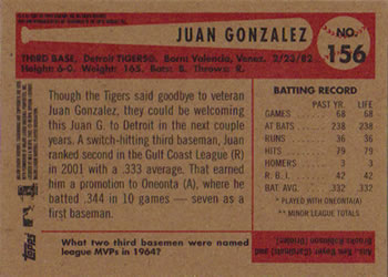 2002 Bowman Heritage #156 Juan Gonzalez Back
