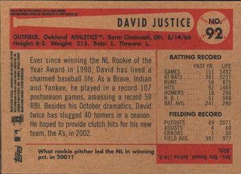 2002 Bowman Heritage #92 David Justice Back